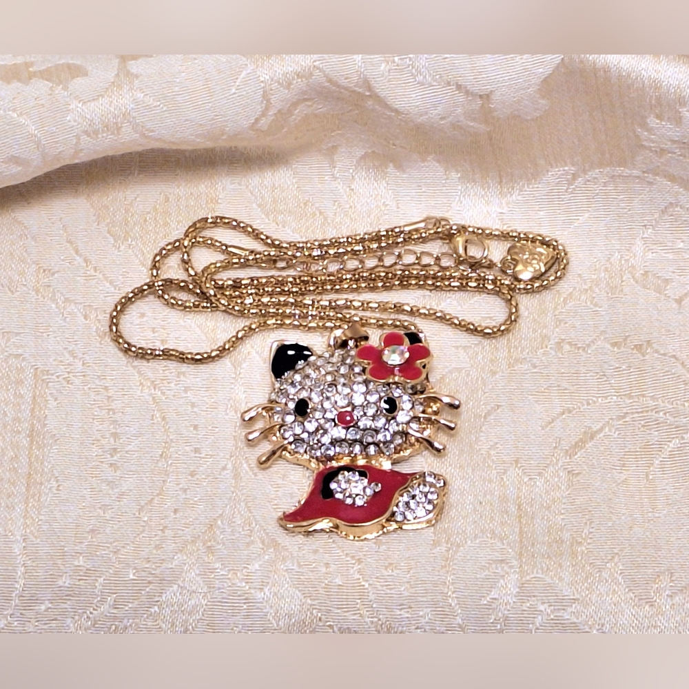 "Hello Kitty" cat pendant necklace Red & black enamel, silver rhinestones